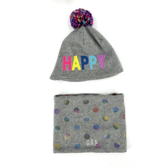 Gap Girls Pro Fleece Pom-Pom Beanie Hat & Neck Warmer Set Size S/M Gray - Picture 1 of 8